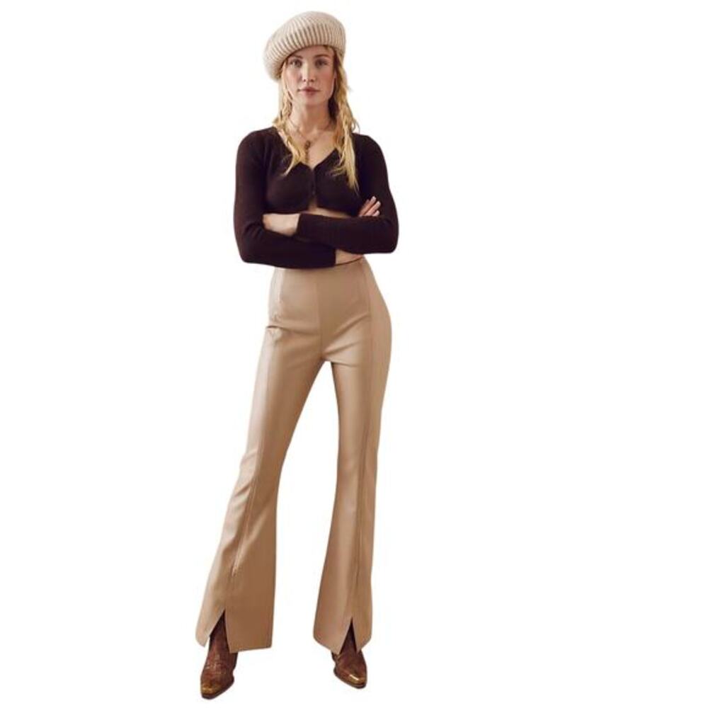 Free People We the Free Beige Real Deal Slit Hem Vegan Flare High Rise Pant S 27